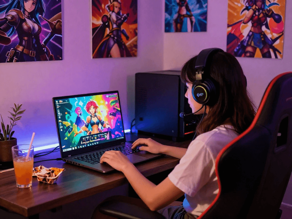 Female porn game experience in a cozy gaming space, showcasing immersive play.