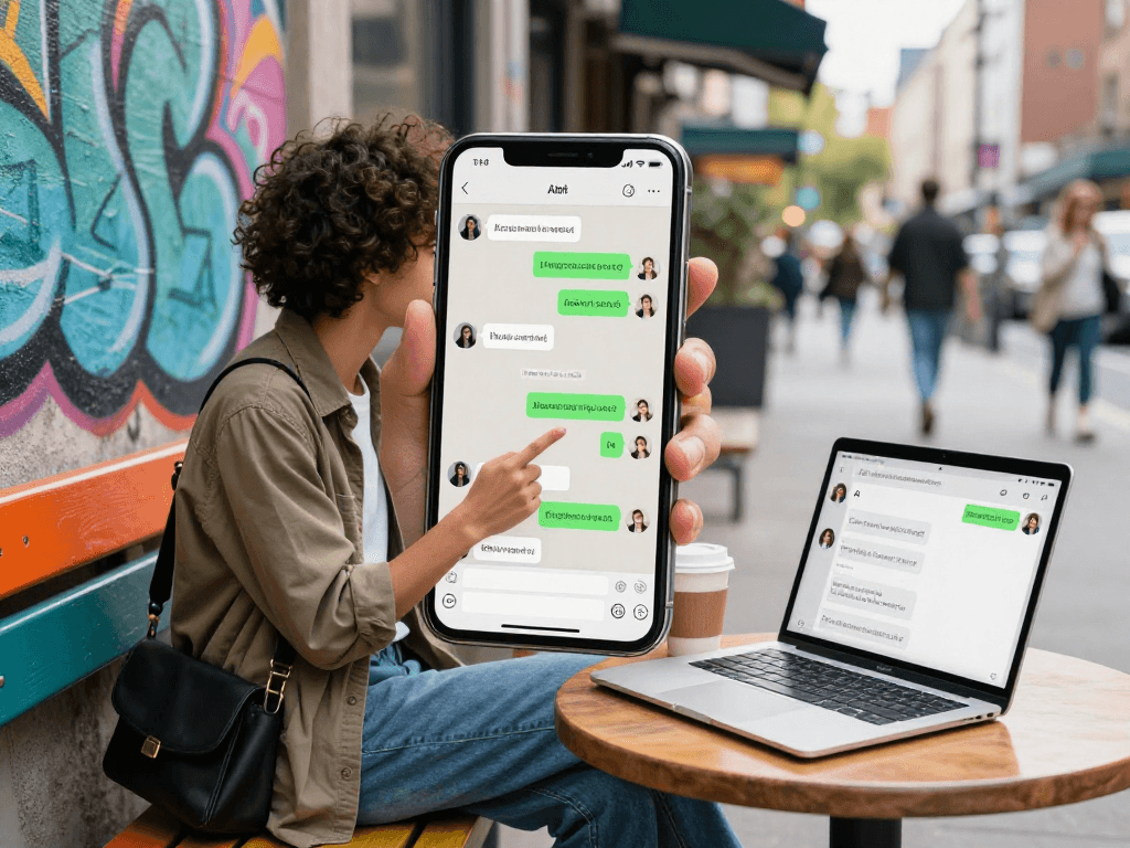 Engaging in ai dirty chat on a smartphone in a vibrant urban setting.