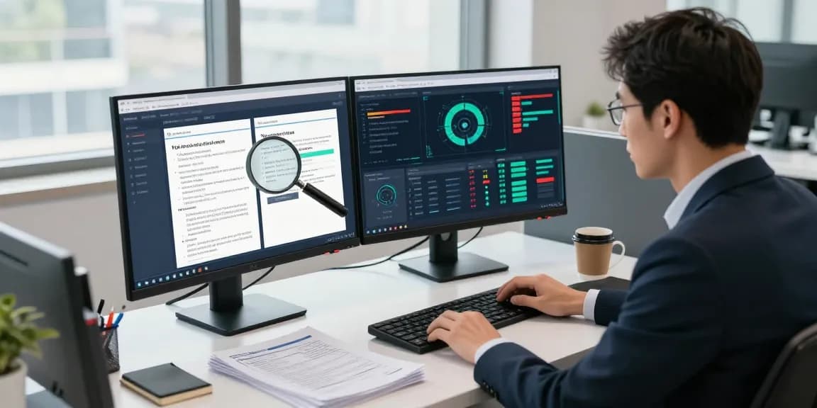 Document fraud detection software in use with data analyst navigating alerts and analytics in a modern office.