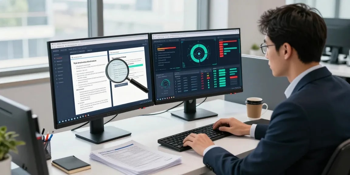 Document fraud detection software in use with data analyst navigating alerts and analytics in a modern office.