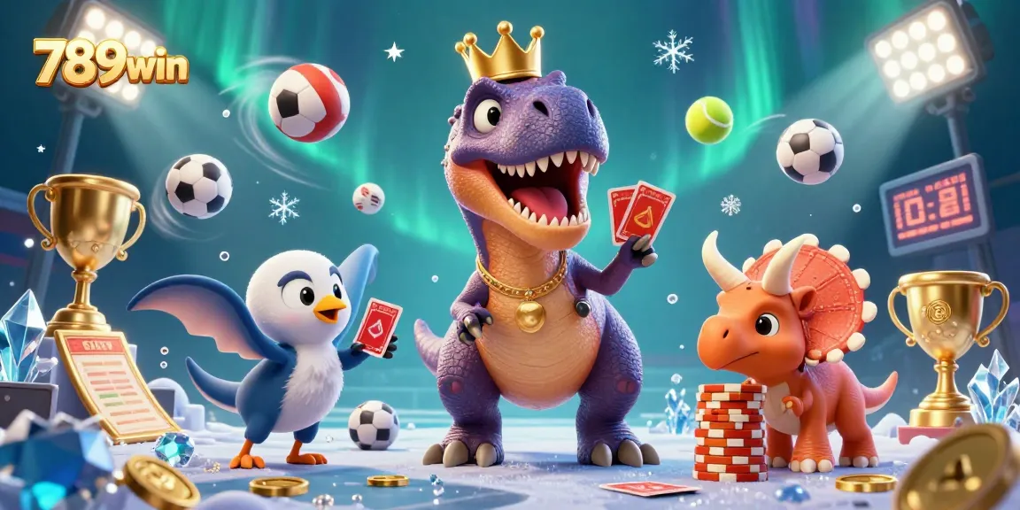 Engage in thrilling gaming with 789win featuring a T-Rex, pterodactyl, and triceratops in a lively casino scene.