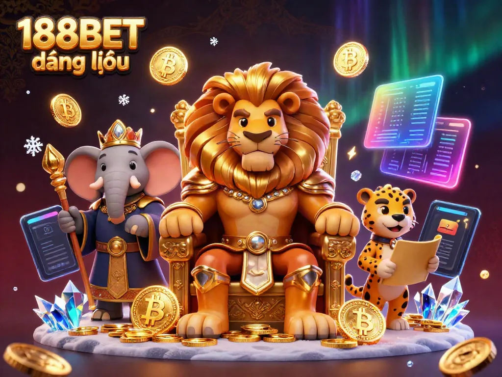 Experience excitement at 188BET đăng nhập with a lion king, elephant advisor, and cheetah messenger amidst dynamic casino elements.