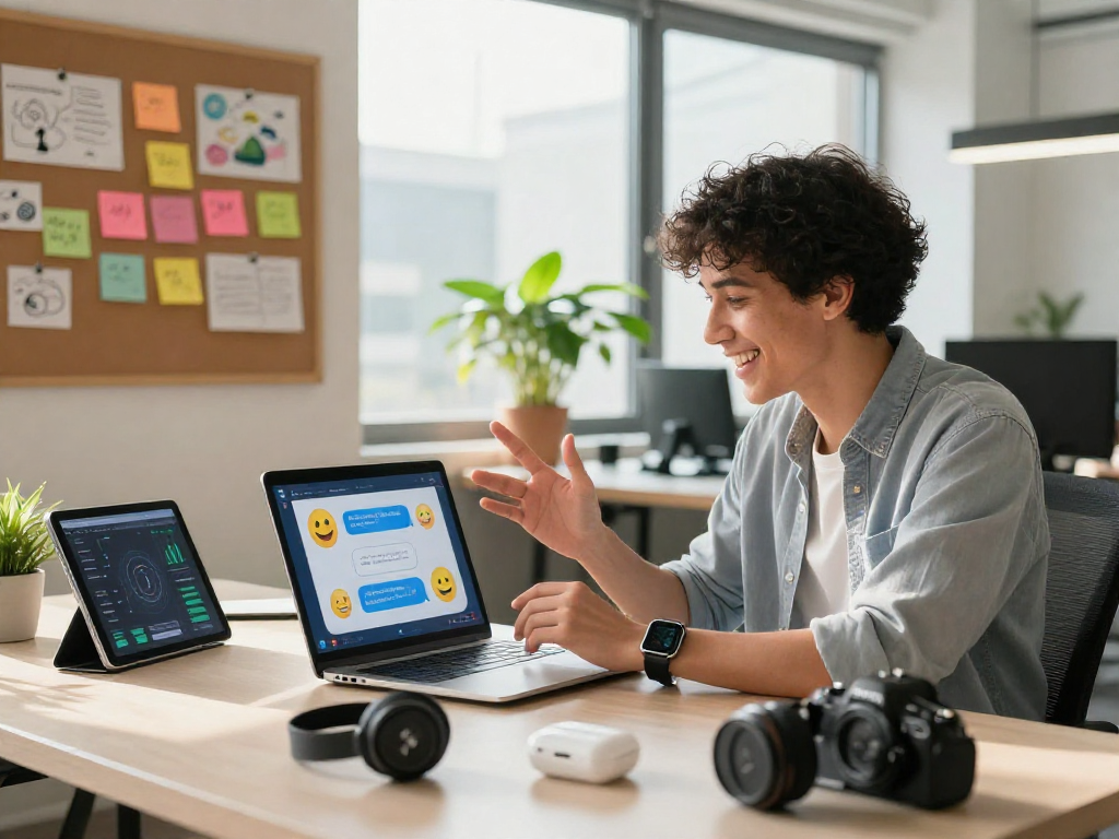 Person engaging with spicy chat ai on laptop in a vibrant tech workspace.