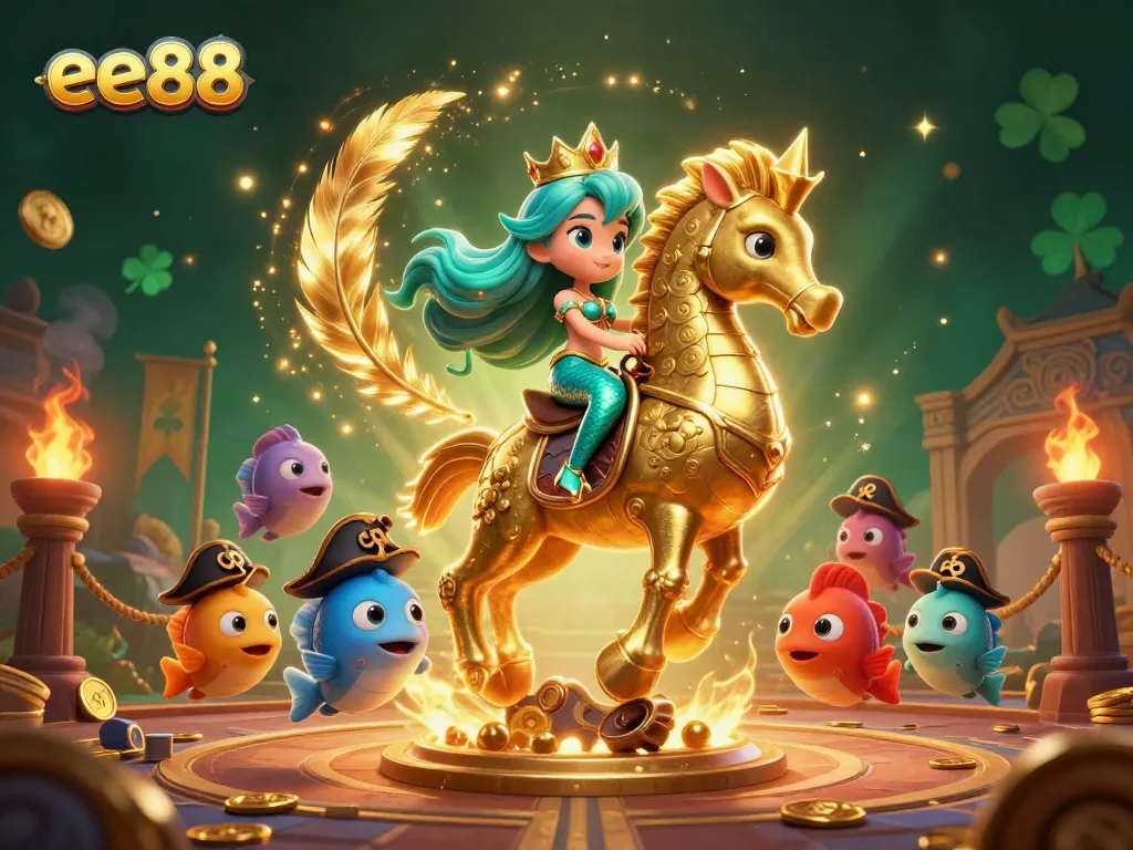 Experience the immersive world of ee88 with a vibrant 3D mermaid and her seahorse, surrounded by riches.