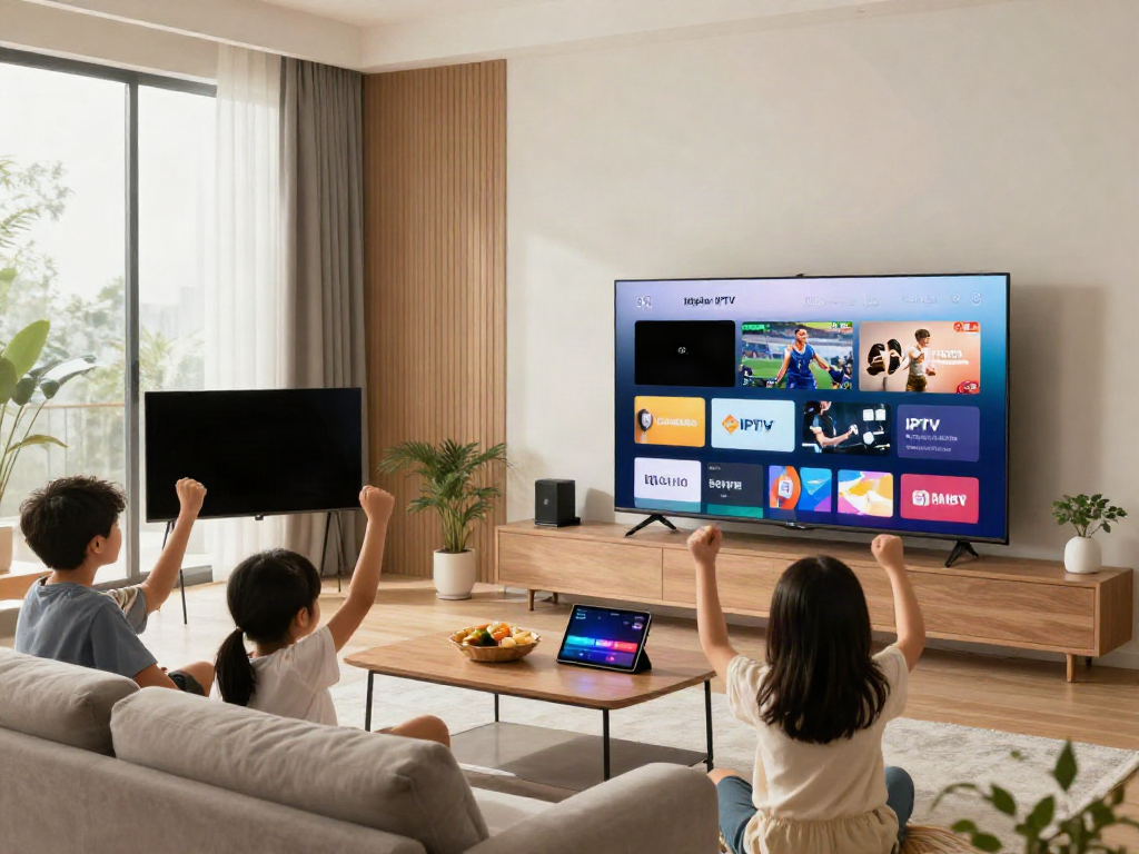 Miglior IPTV family watching sports together in a cozy living room with various devices.