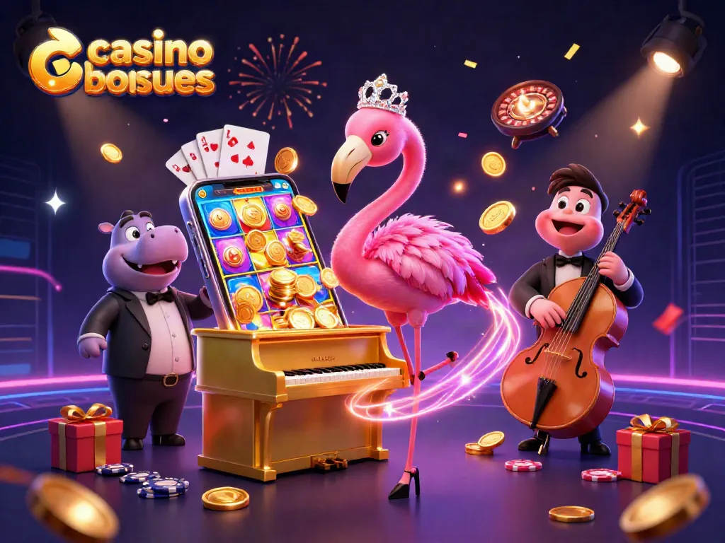 Celebrate with casino bonuses in a vibrant 3D illustration showcasing a flamingo singer and hippo bassist.
