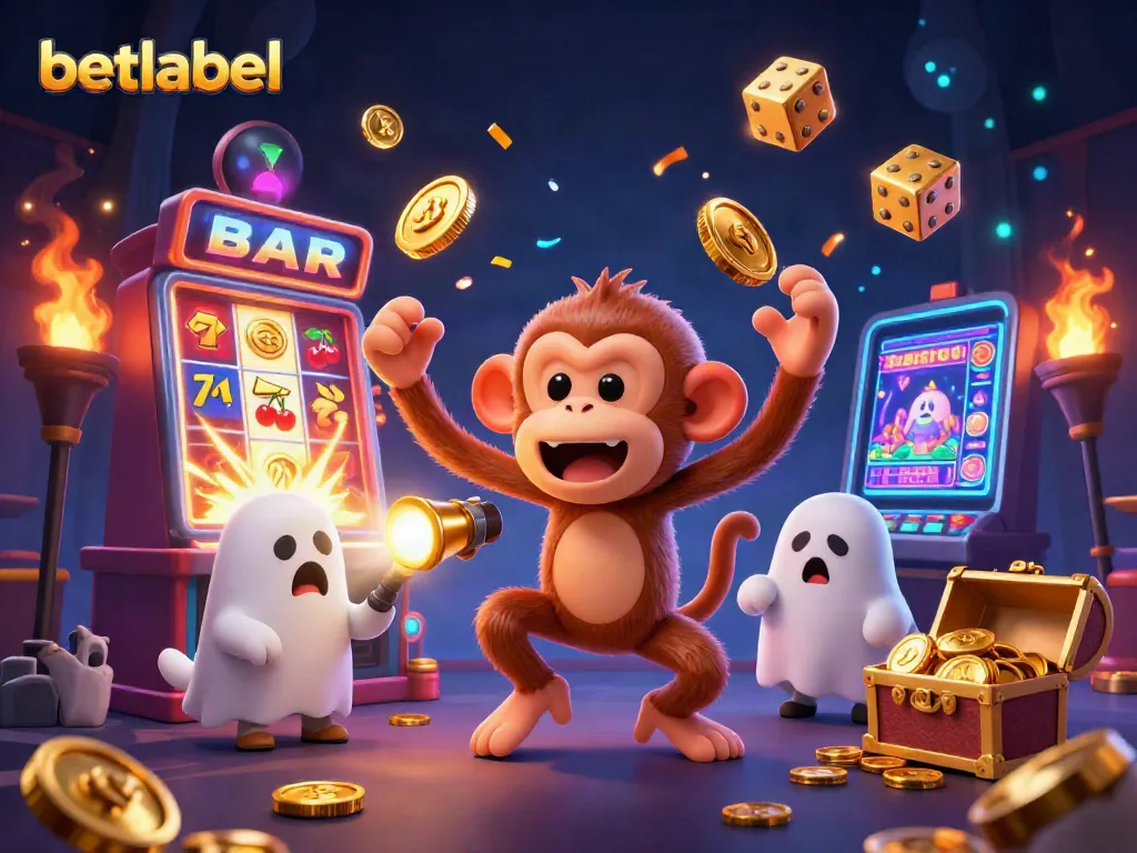 Betlabel's vibrant casino scene showcases a poltergeist monkey juggling gold while a curious puppy tracks it.