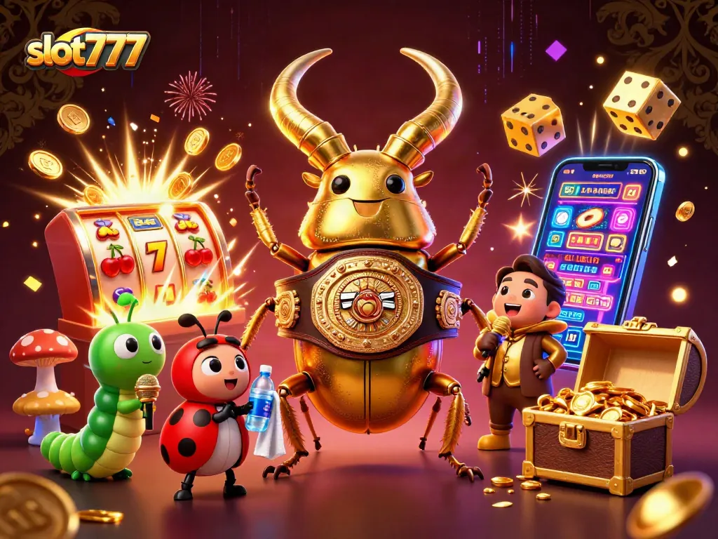 Experience thrilling slot777 gameplay with dynamic 3D characters and jackpot elements in this vibrant illustration.