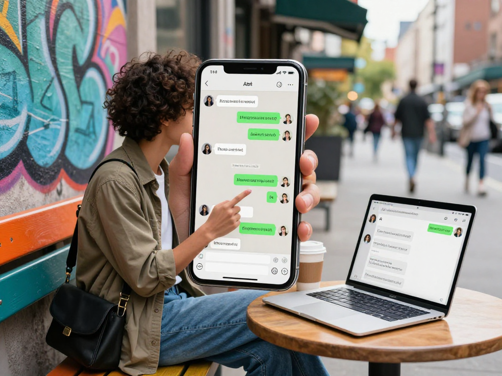 Engaging in ai dirty chat on a smartphone in a vibrant urban setting.