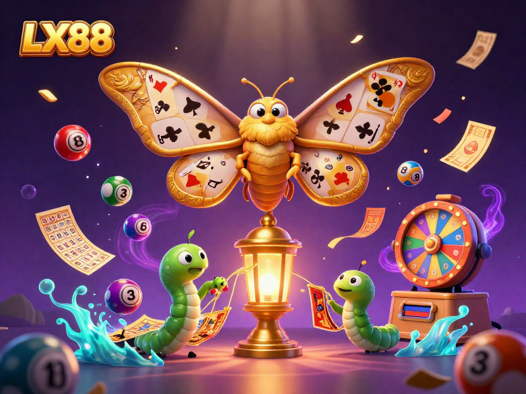 Engage with LX88 in a vibrant 3D illustration showcasing dynamic casino scenes with lottery balls and gaming elements.