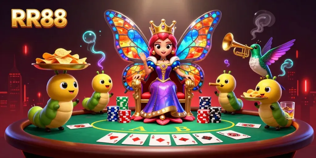 Experience the thrilling world of RR88 casino with vibrant elements, poker, and a butterfly queen.