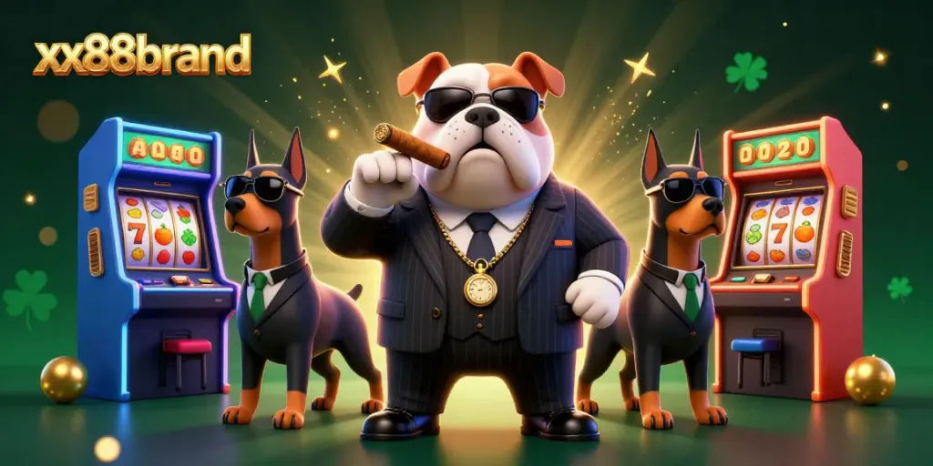 Engage with thrilling games at xx88brand featuring a mobster bulldog surrounded by slot machines.