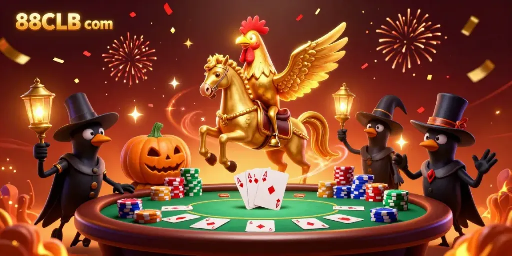 Experience the excitement of 88CLB com in a fantastical casino scene with a golden rooster and poker action.