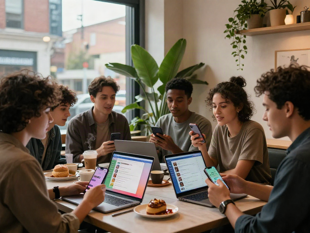 Engaged friends enjoying spicy chat ai features in a modern café setting.