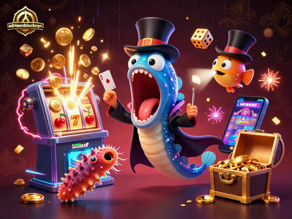 Engaging illustration of adriaenblocknyc featuring casino characters performing magic amidst vibrant slot machines and casino games.