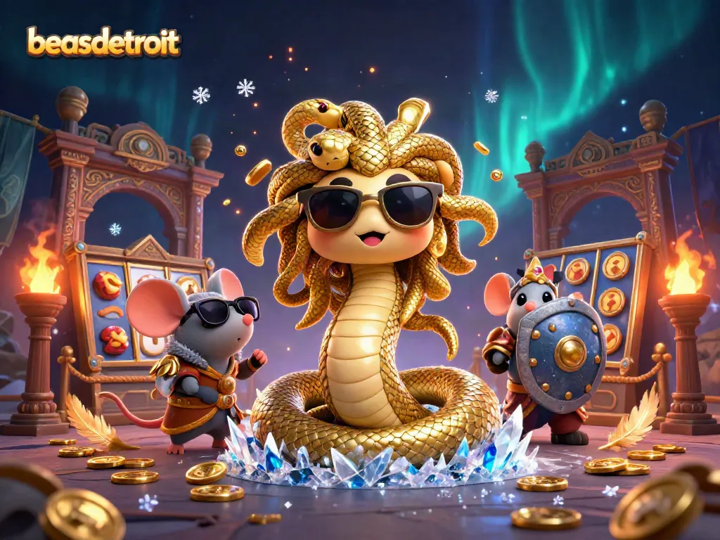 Engage in thrilling gameplay with beasdetroit, featuring a fun Medusa and warrior in a full casino scene.