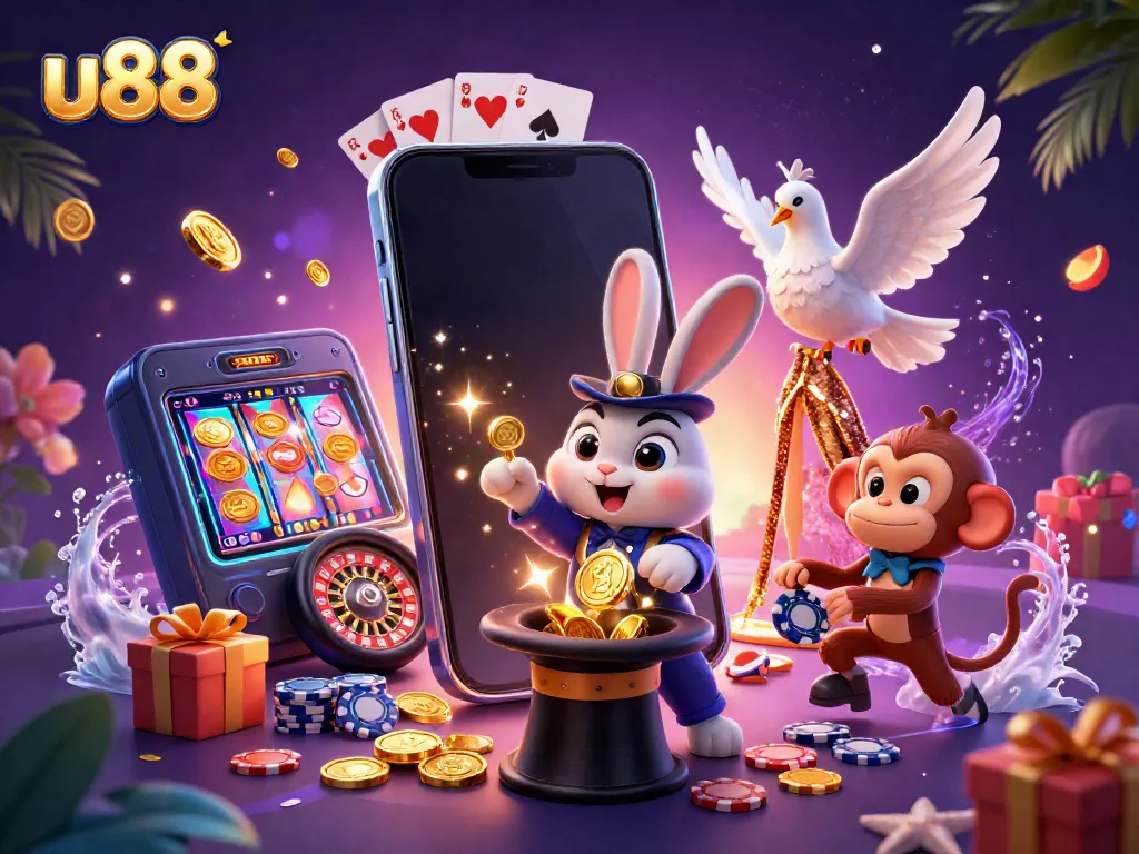 Play exciting games at u88 with a magician rabbit and enchanting casino elements.