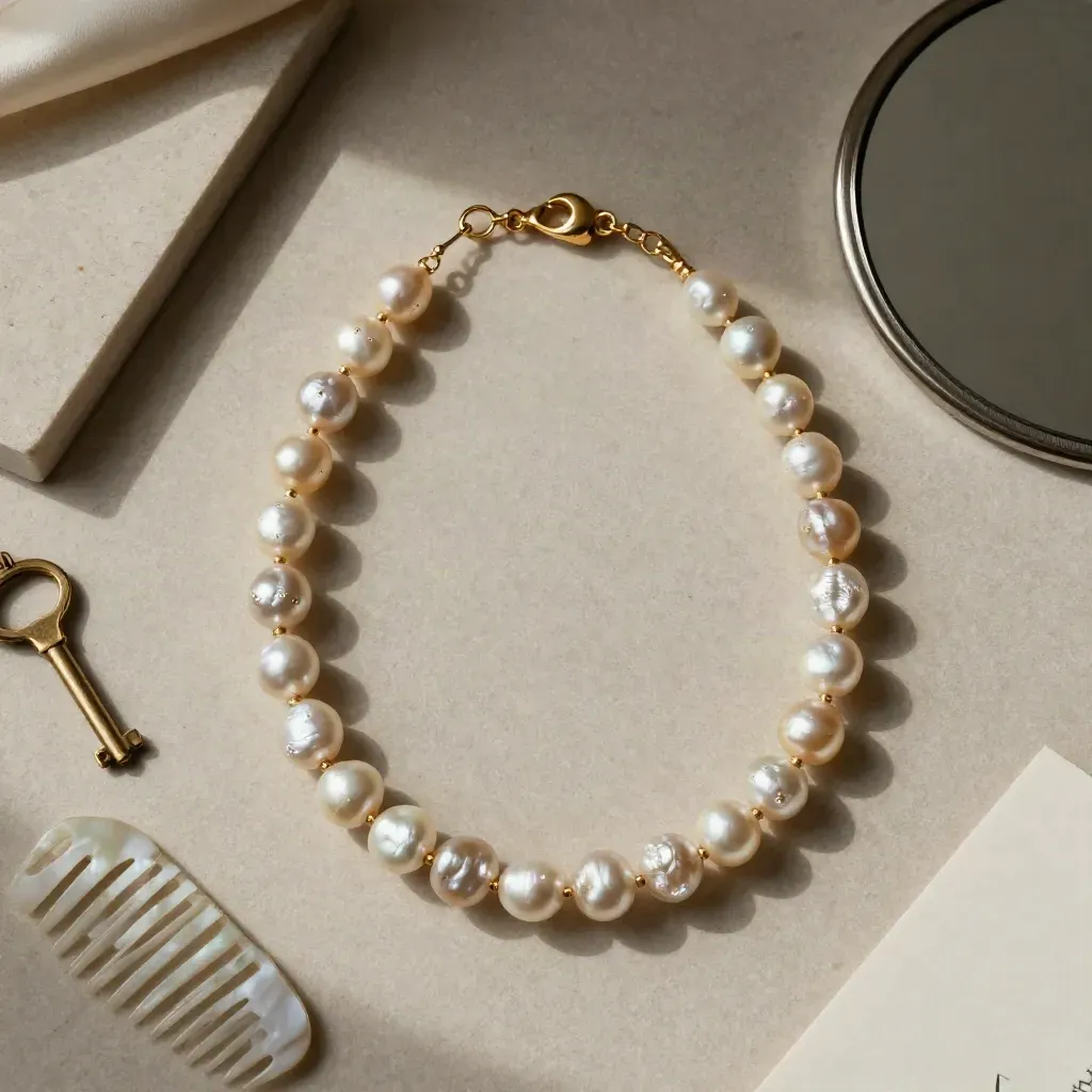Collana dorata con perle barocche su seta avorio, con pettine madreperla e specchio