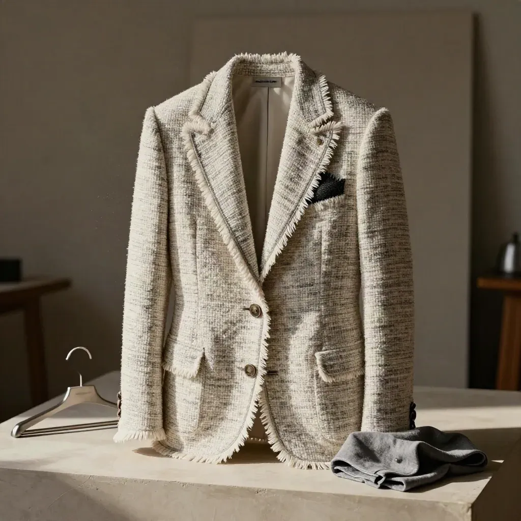 Blazer corto in tweed avorio e charcoal su base chiara, con bottoni metallici e luce radente.