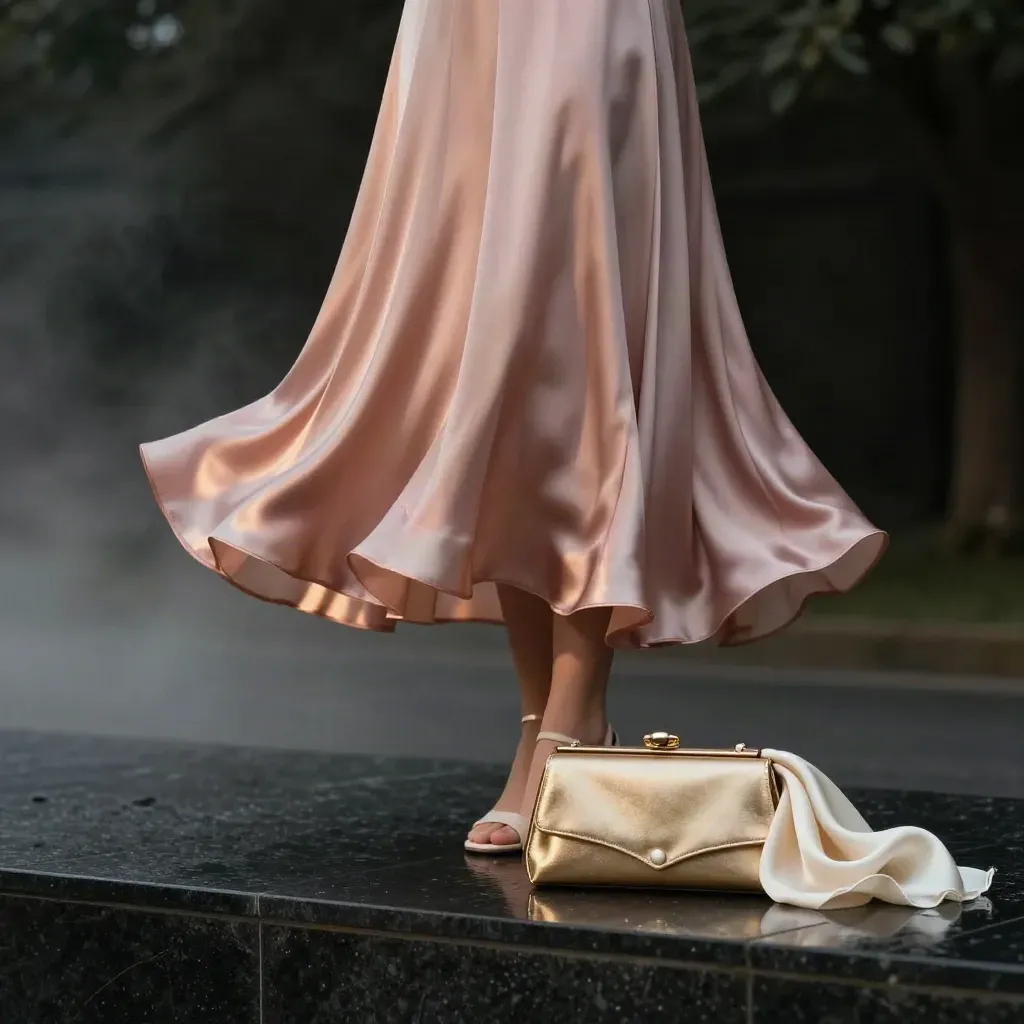 Abito midi in raso prugna con clutch oro, sandali avorio, perle e foulard crema.