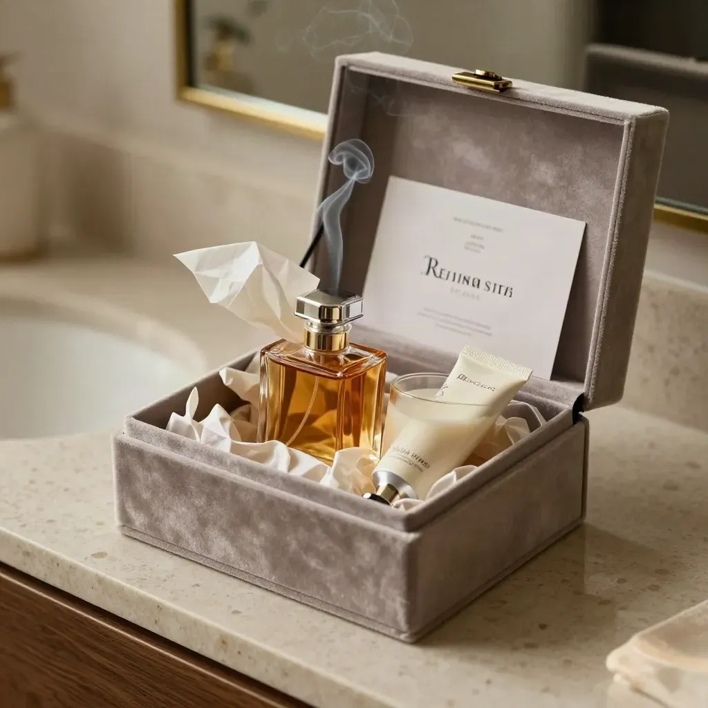 Set regalo con profumo ambrato, crema mani e candela in scatola aperta su travertino.