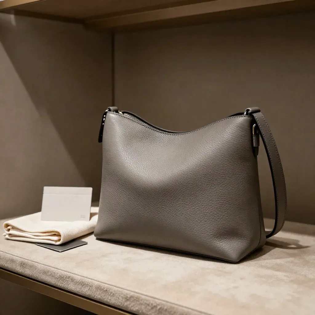 Borsa a spalla grigio pietra con portacarte e fazzoletto di lino su base chiara.