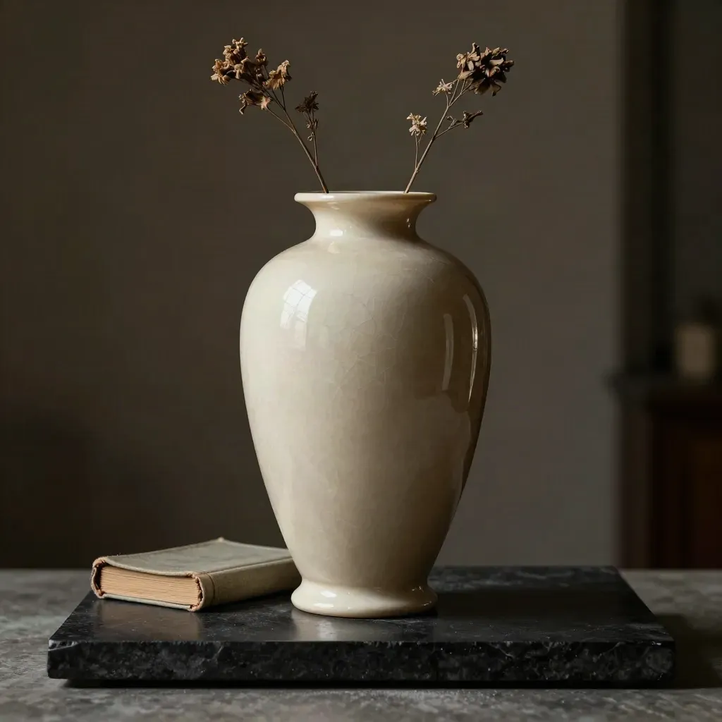 Vaso alto in ceramica avorio con rami secchi e piccolo libro su base nera.