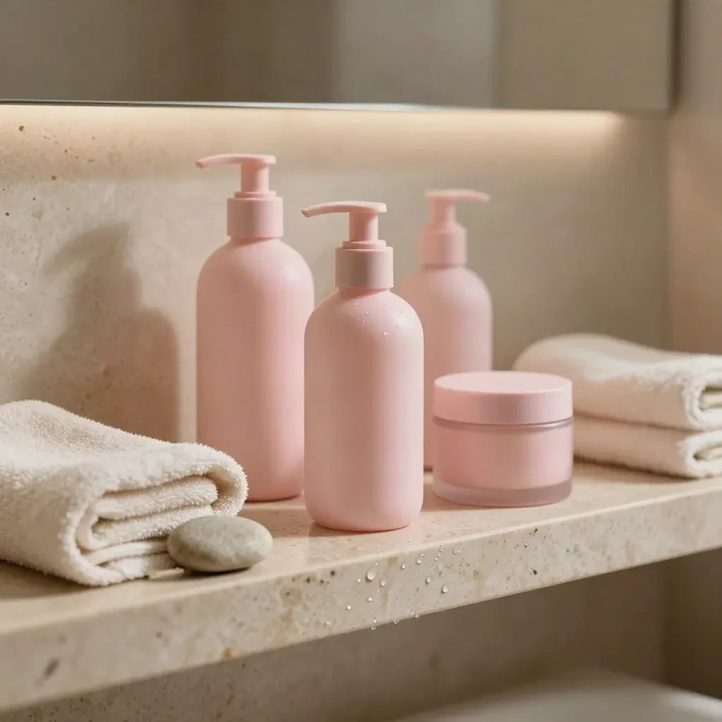 Set viso rosa cipria su travertino con asciugamano piegato, pietra liscia e vapore leggero.