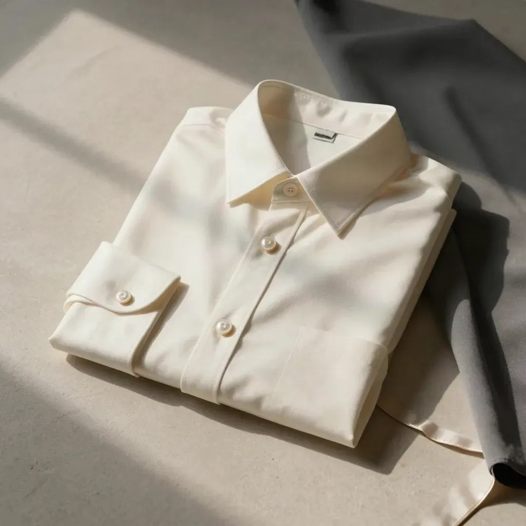 Camicia avorio piegata con bottoni madreperla e lembo di seta su pietra chiara.