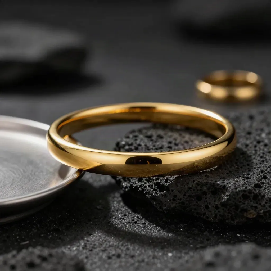 Bracciale rigido oro su pietra scura, con vassoio e anello sfocato, luce radente.