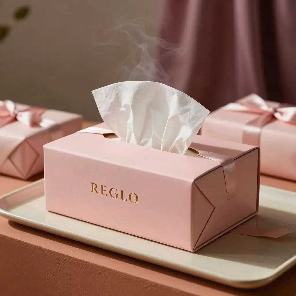 Scatola regalo rosa semiaperta con nastro morbido e carta velina su plinto terracotta.