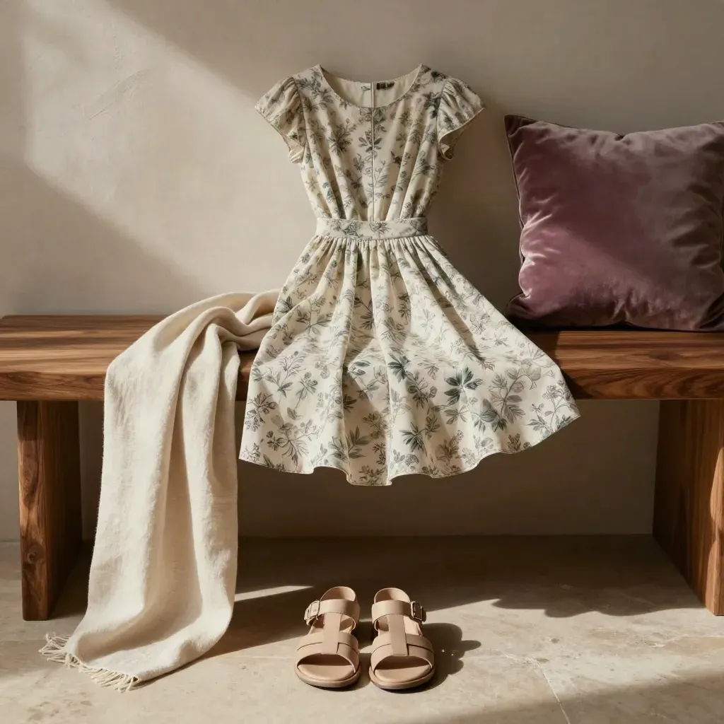 Vestito floreale corto con sandali neutri e foulard leggero su una panca calda.