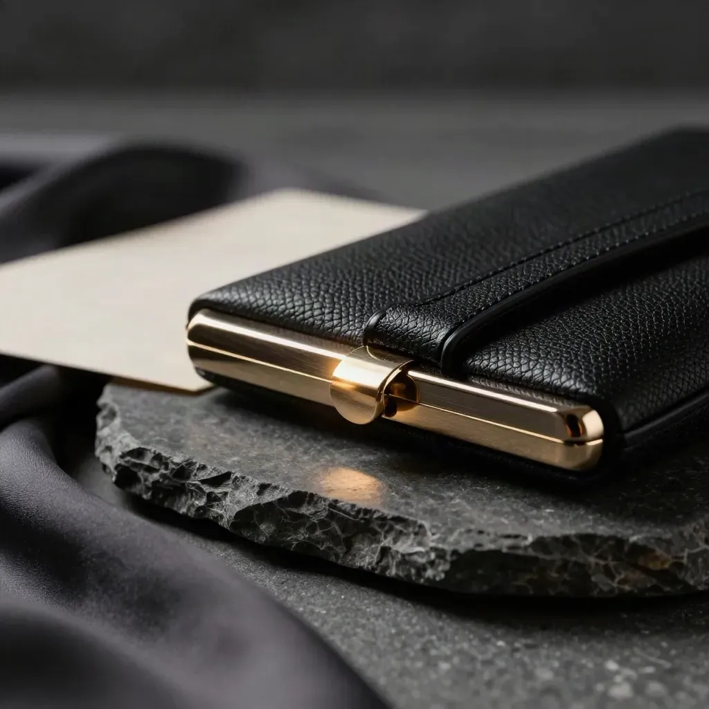 Pochette da sera nera su pietra charcoal, con tracolla sottile e fermaglio metallico illuminato