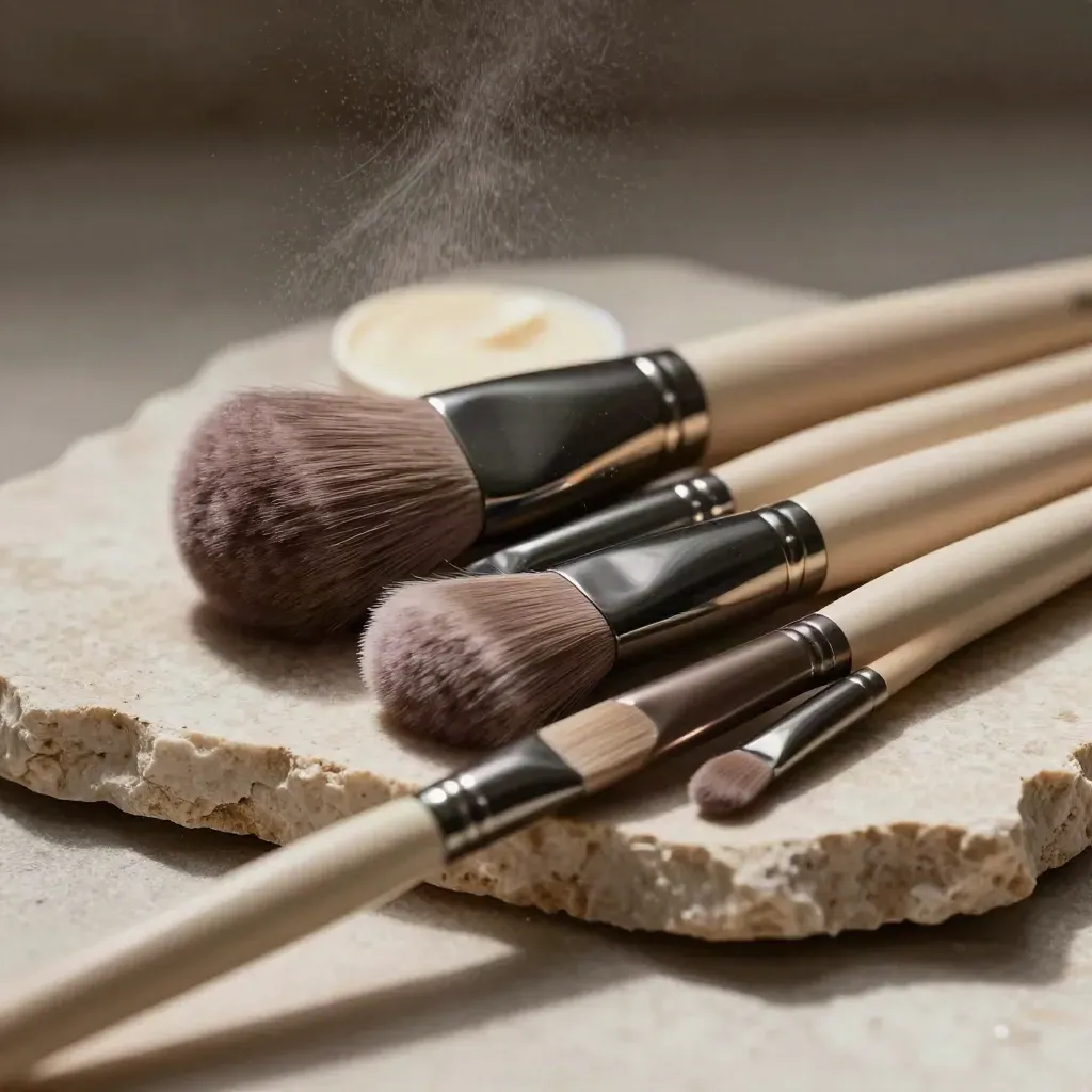 Otto pennelli trucco disposti a ventaglio su pietra chiara, con polvere cosmetica sottile.