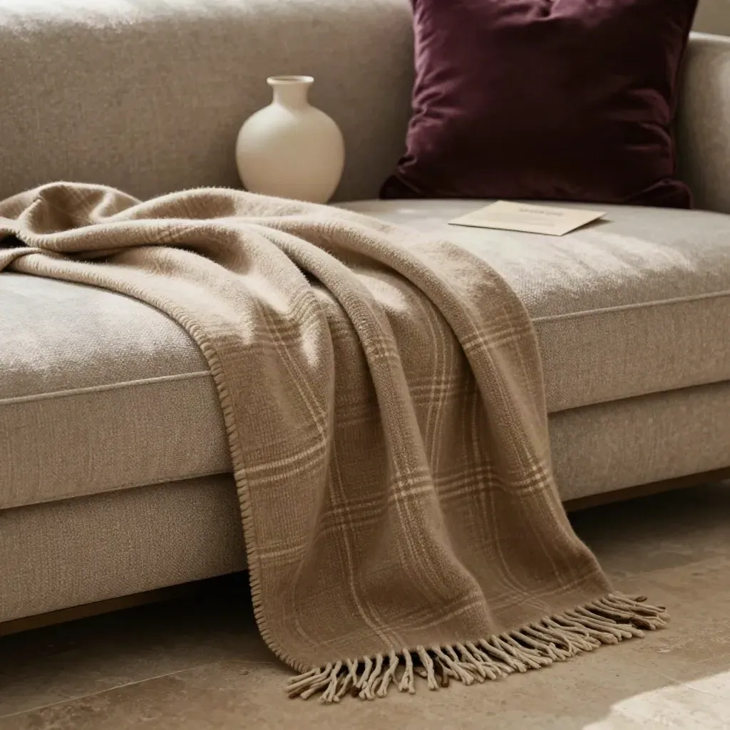 Plaid sabbia su chaise neutra con cuscino plum e luce morbida laterale.