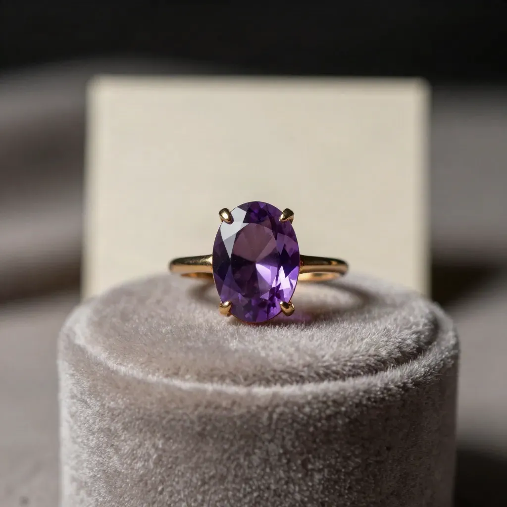 Anello con pietra lilla su velluto neutro, macro con luce radente e bokeh.