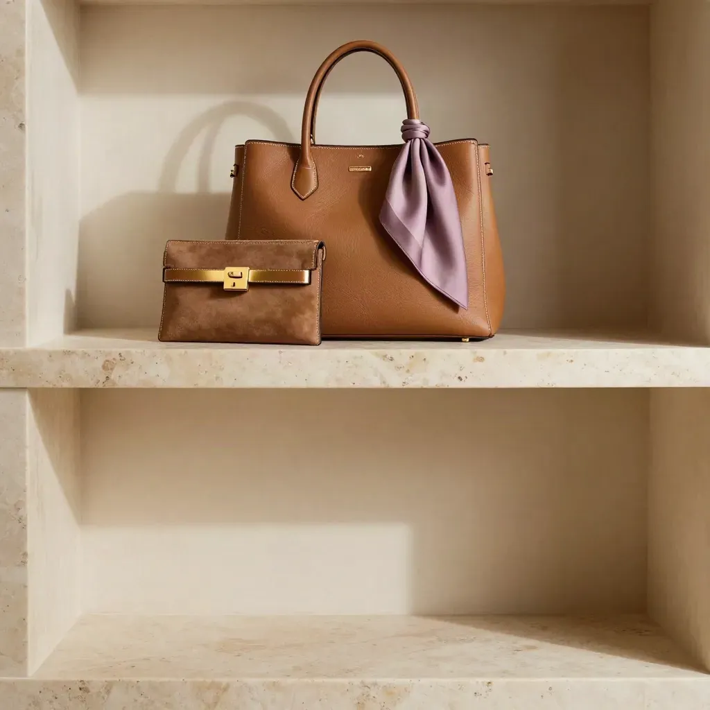 Borsa elegante in pelle su nicchia di marmo caldo con tessuto prugna e luce morbida