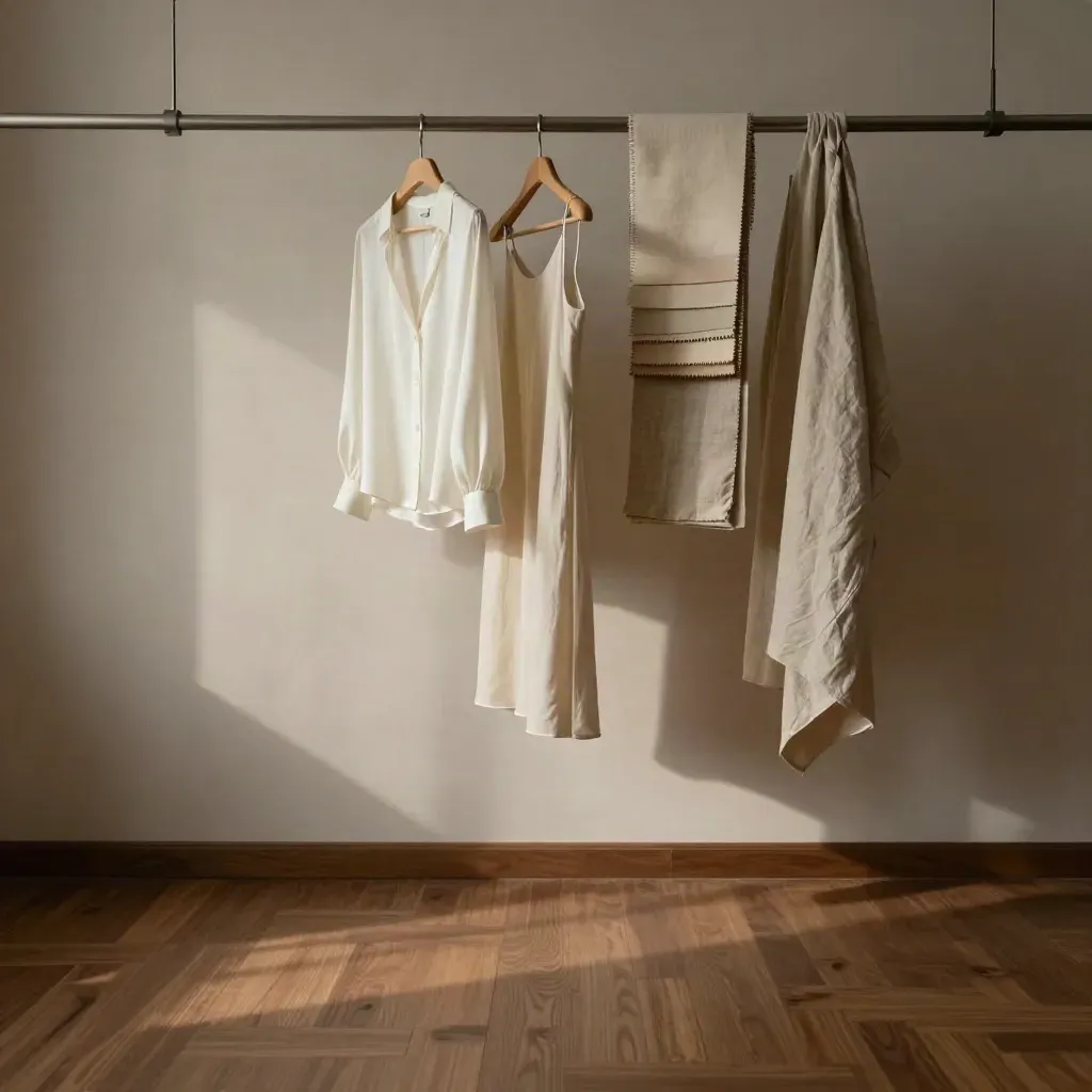 Atelier luminoso con abiti chiari appesi, tenda di lino e pavimento calmo in luce mattutina.