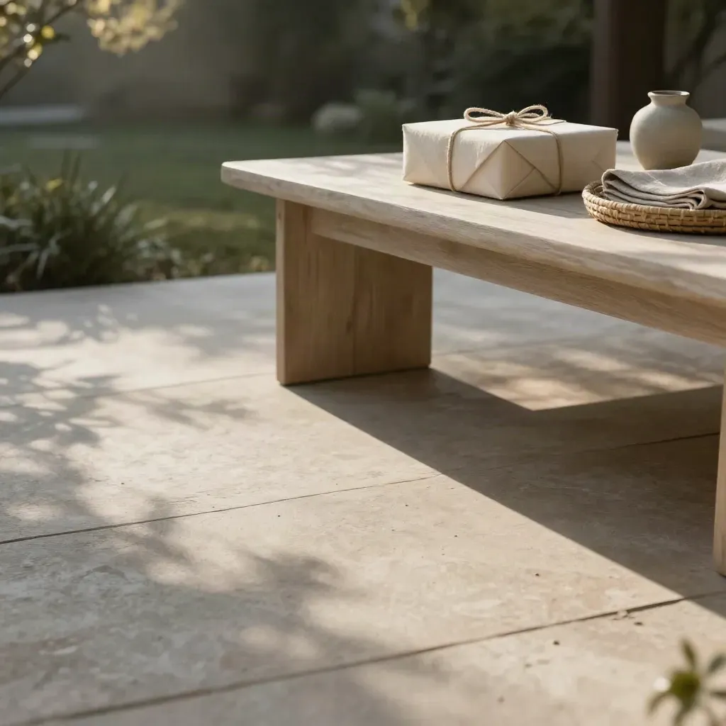 Terrazza in pietra chiara con tessuti neutri e pacco regalo, luce calda e ombre di foglie.