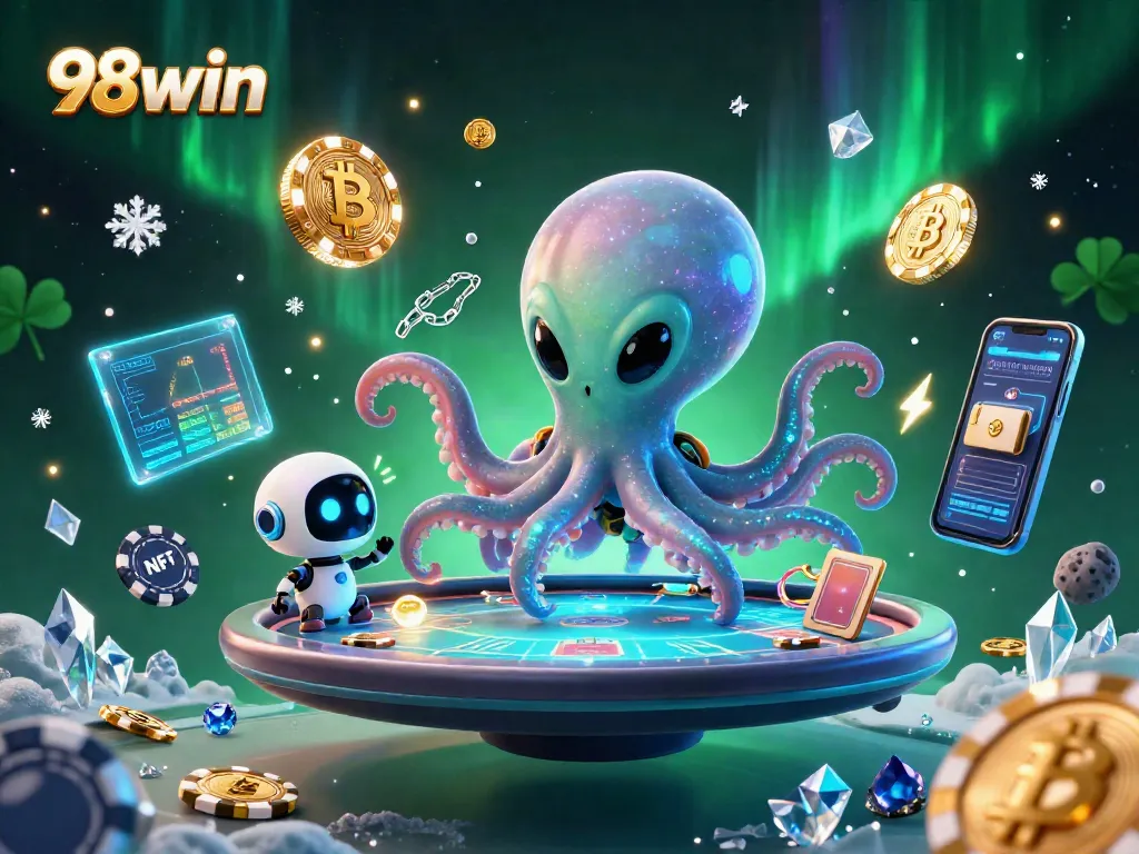 Experience the excitement of gaming with 98win's colorful alien casino scene.