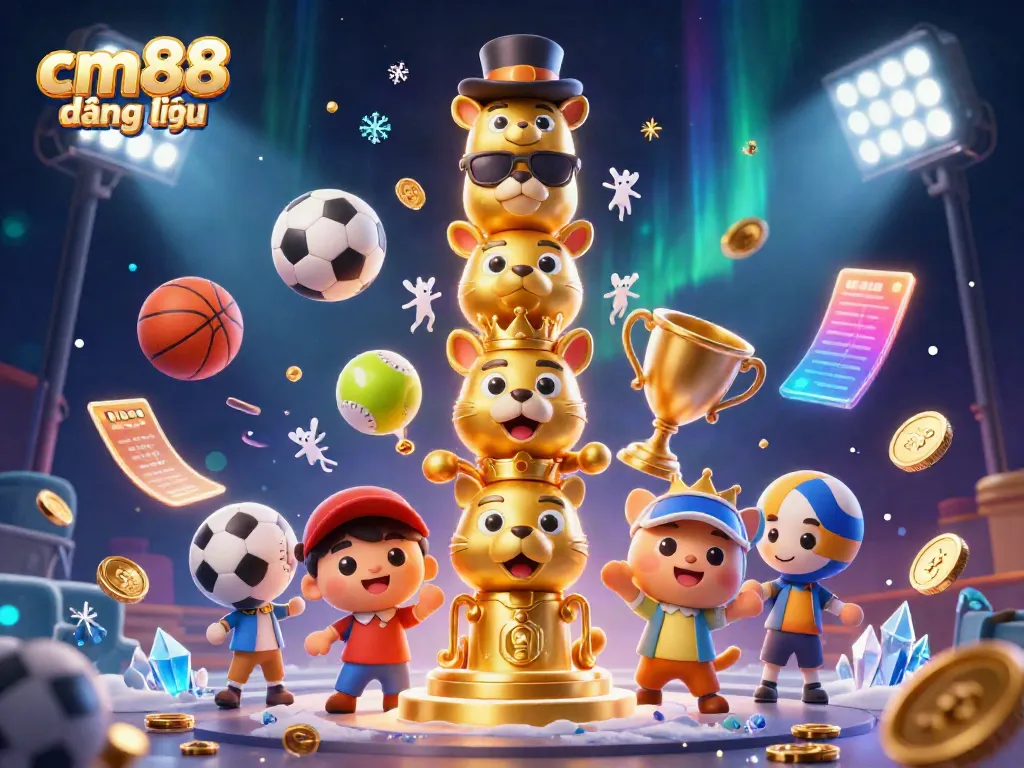 Experience cm88 đăng nhập with a vibrant 3D casino illustration featuring a golden totem and sports elements.