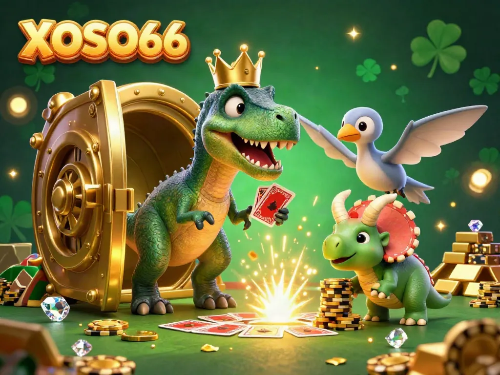 XOSO66 engaging T-Rex and pterodactyl assistants in a lively casino scene overflowing with gold and treasures.