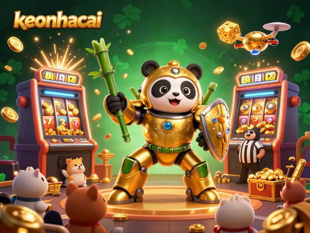 Experience thrilling action with keonhacai as the golden panda fights in a vibrant casino arena.