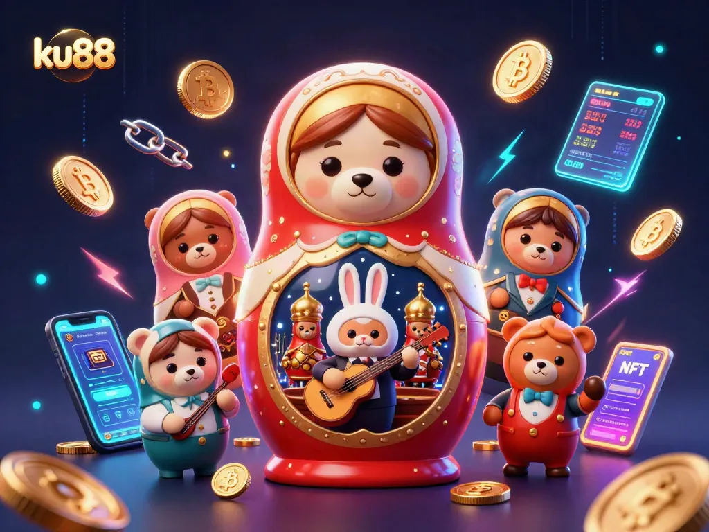 Experience the thrilling atmosphere of ku88 with 3D festive casino characters and crypto elements.