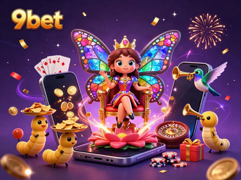Experience the vibrant world of 9bet with a magical casino scene featuring a butterfly queen and dynamic gaming elements.