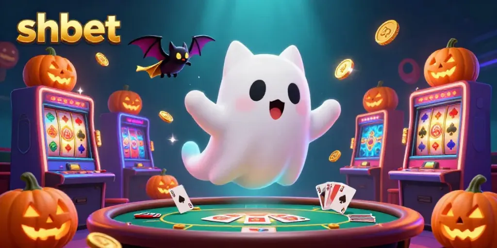 Engage with shbet's thrilling gaming experience alongside a friendly ghost cat in a colorful casino.