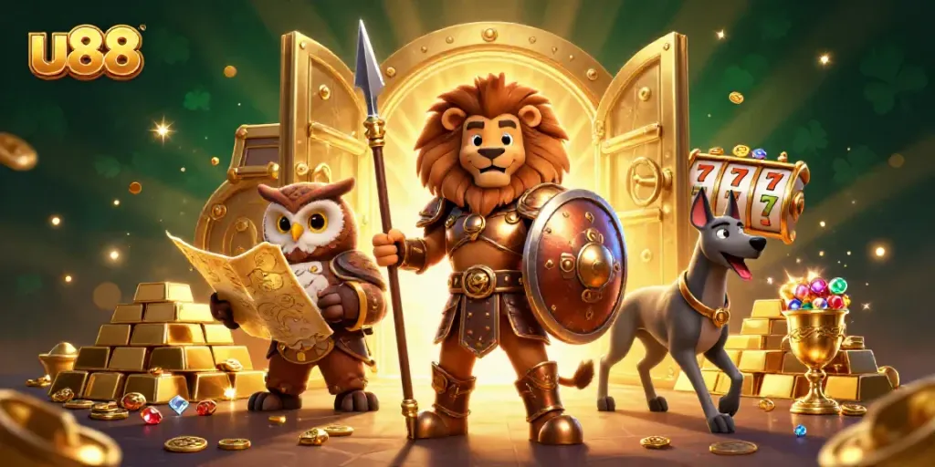 Experience thrilling adventures with u88 in this 3D illustration showcasing a Spartan lion, tactical owl, and swift greyhound amongst riches and gaming elements.