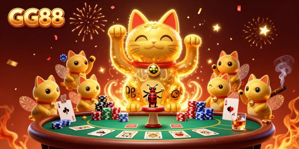 Experience thrilling casino action with GG88, featuring a lucky cat and vibrant poker gameplay elements.