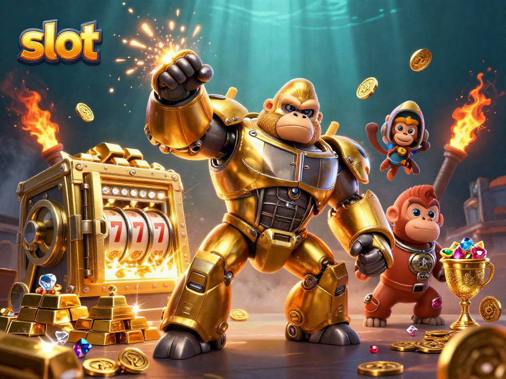 Experience the excitement of slot machines with a dynamic 3D gorilla mech illustration.