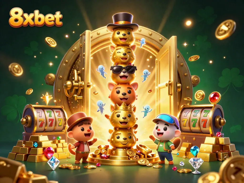 Engage with 8x bet in this vibrant casino-themed 3D illustration showcasing a golden totem and slot elements.